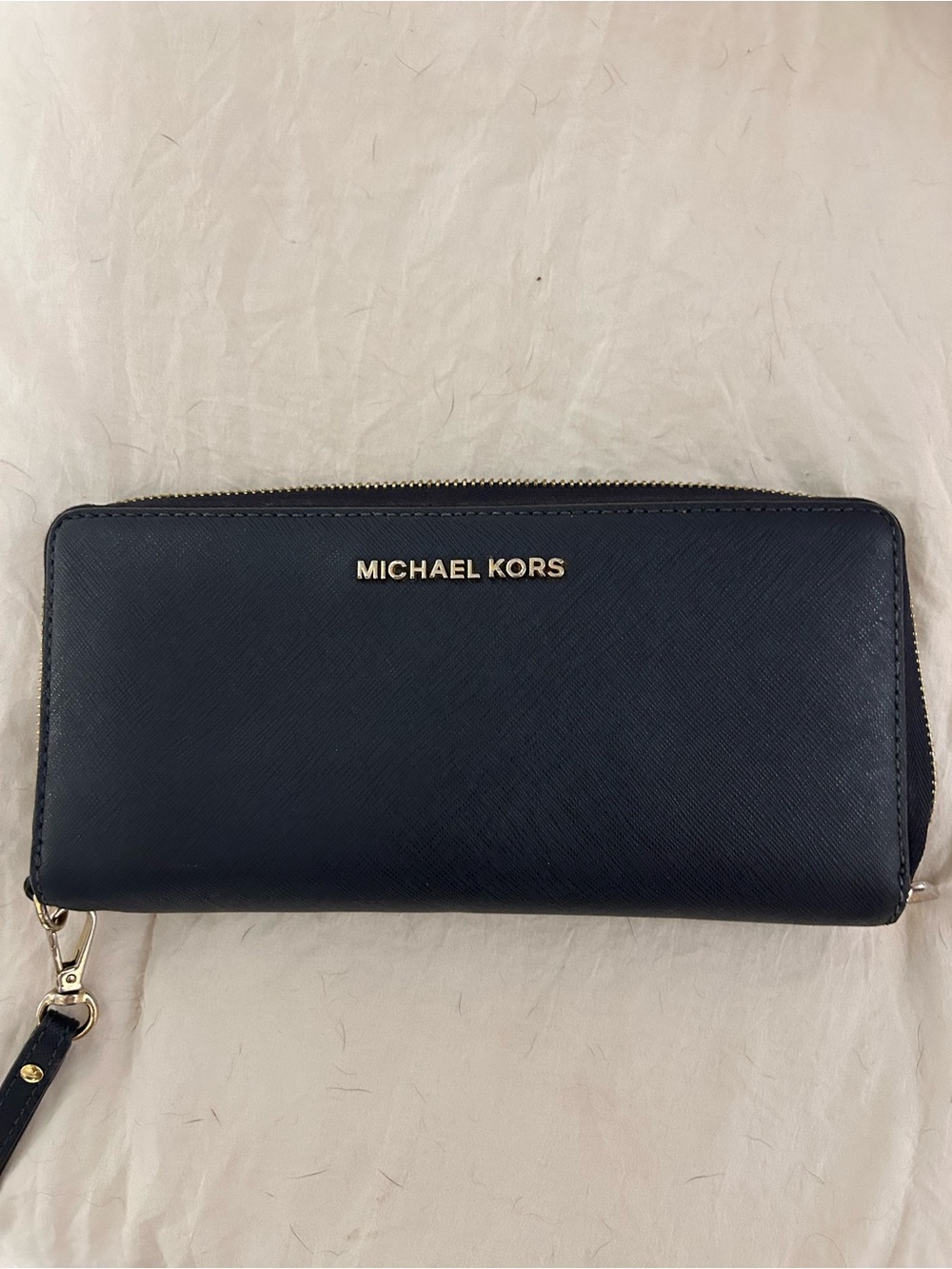 Michael Kors Navy Zip-Around Wristlet Wallet with Gold Hardware